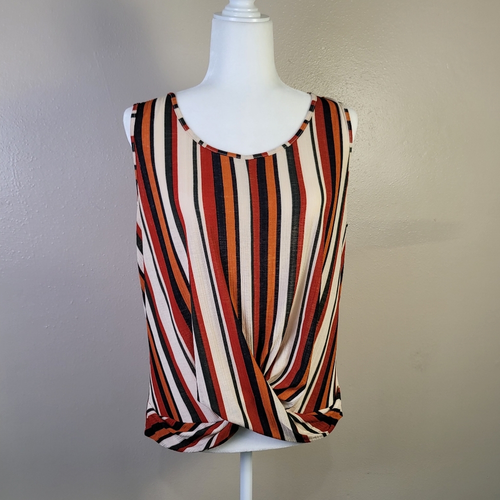 Naif Womens sz L Top Red Tan Striped Sleeveless Criss Cross Front Open Back